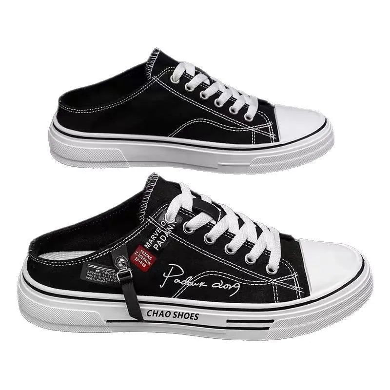 Men's canvas slip-on loafers in black or blue with round toe and PVC sole