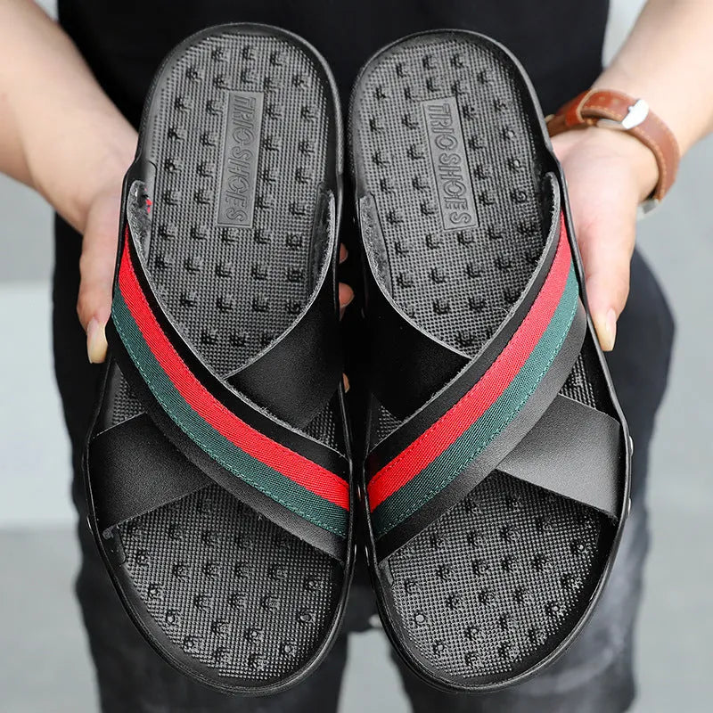 Men's leather flip-flops in blue with a non-slip PU sole, shown on a size chart.