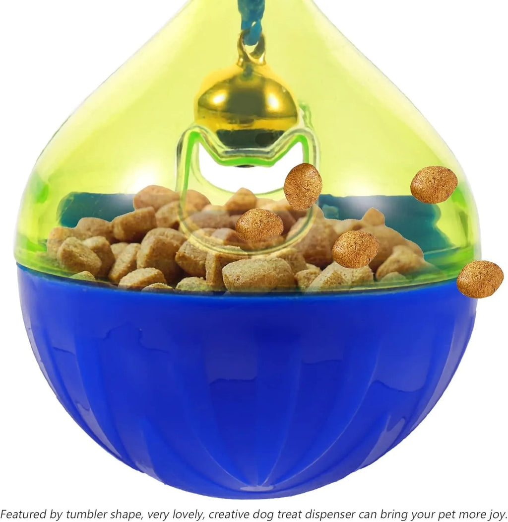 Tumbler-shaped interactive treat dispenser toy for dogs and cats on a floor.