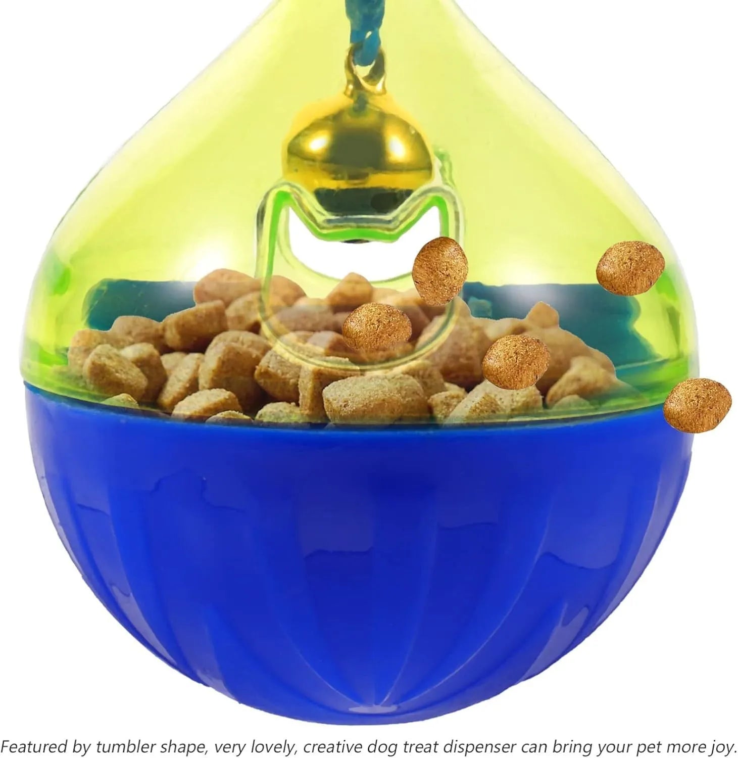 Tumbler-shaped interactive treat dispenser toy for dogs and cats on a floor.