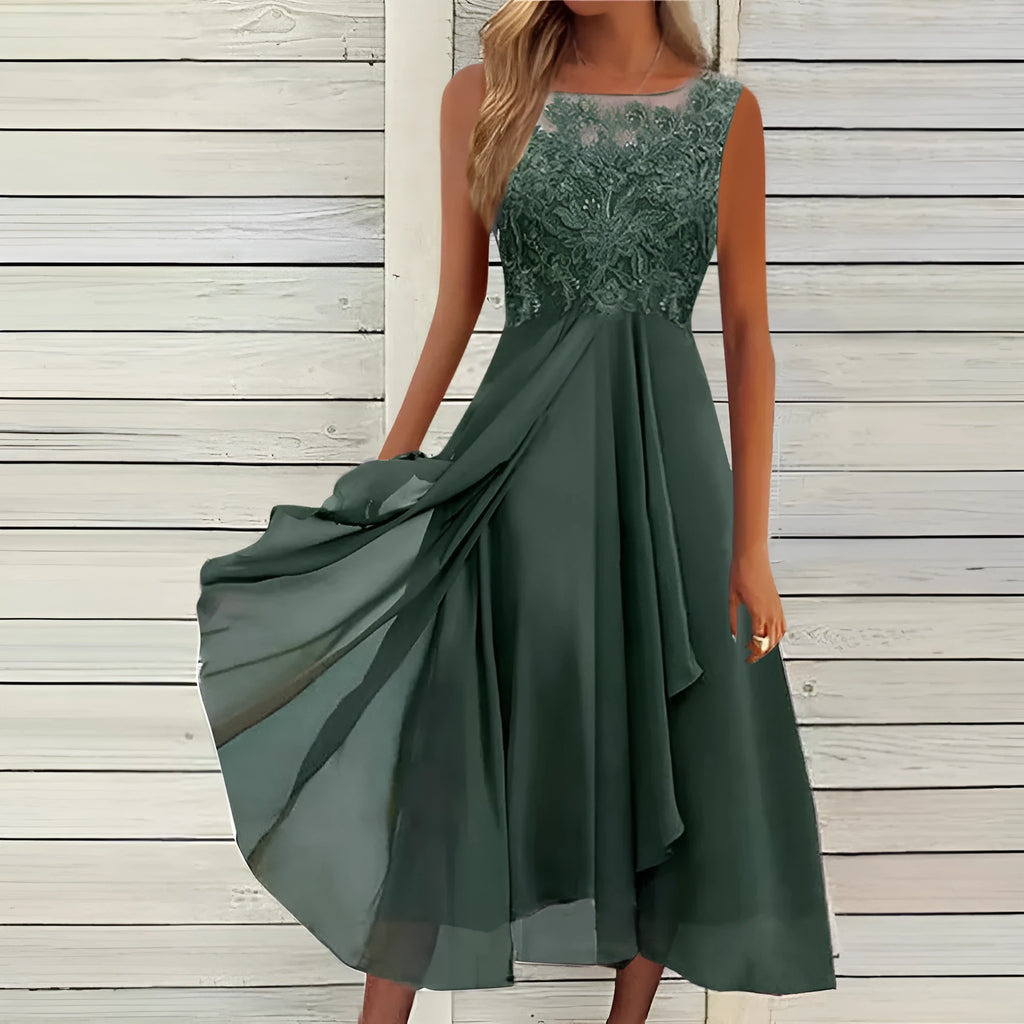 Women's sleeveless midi chiffon dress with hollow-out lace detail in blue, green, or purple.