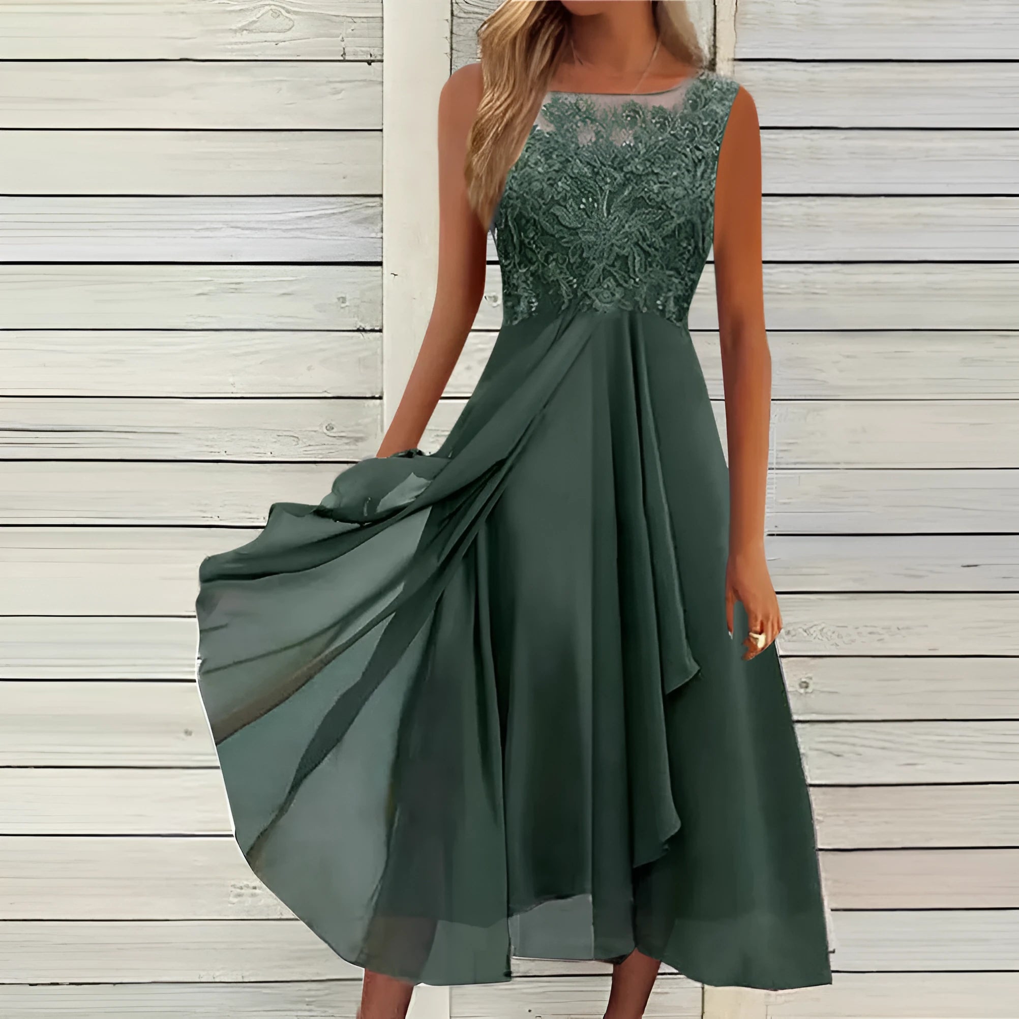Women's sleeveless midi chiffon dress with hollow-out lace detail in blue, green, or purple.