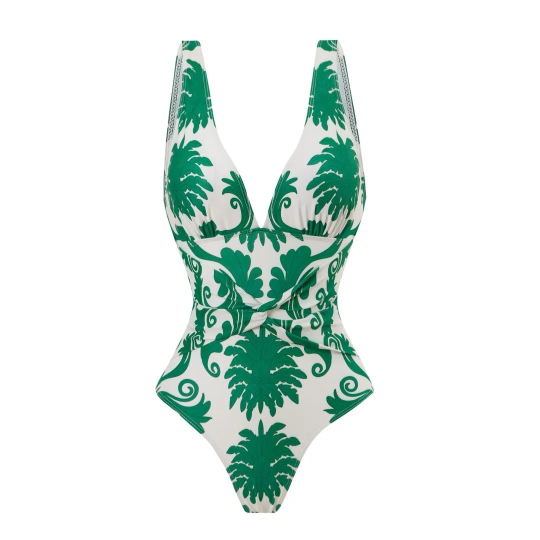 Green one-piece swimsuit with multiple wearing methods, polyester fabric, sleeveless design