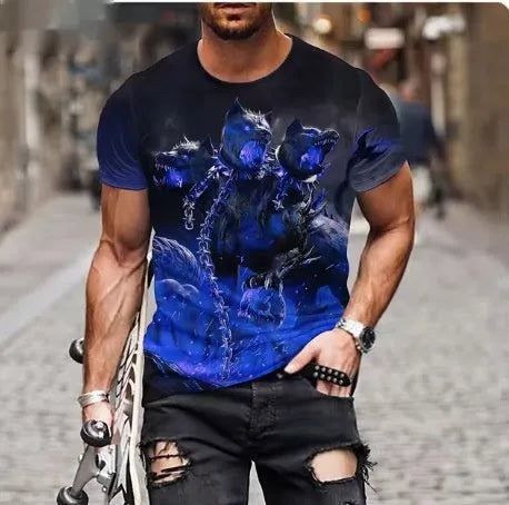 Men's 3D printed lion graphic T-shirt in polyester fabric showing fierce animal design