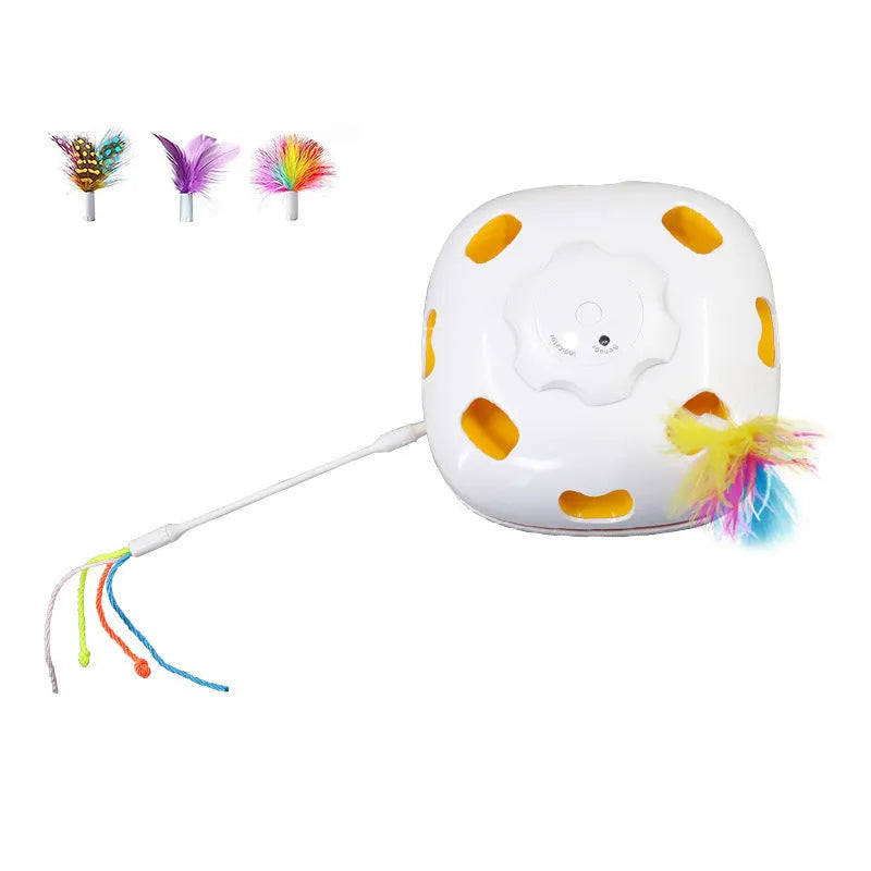 Coloured plastic self-grooming cat teaser toy with a rotating ball for interactive play.