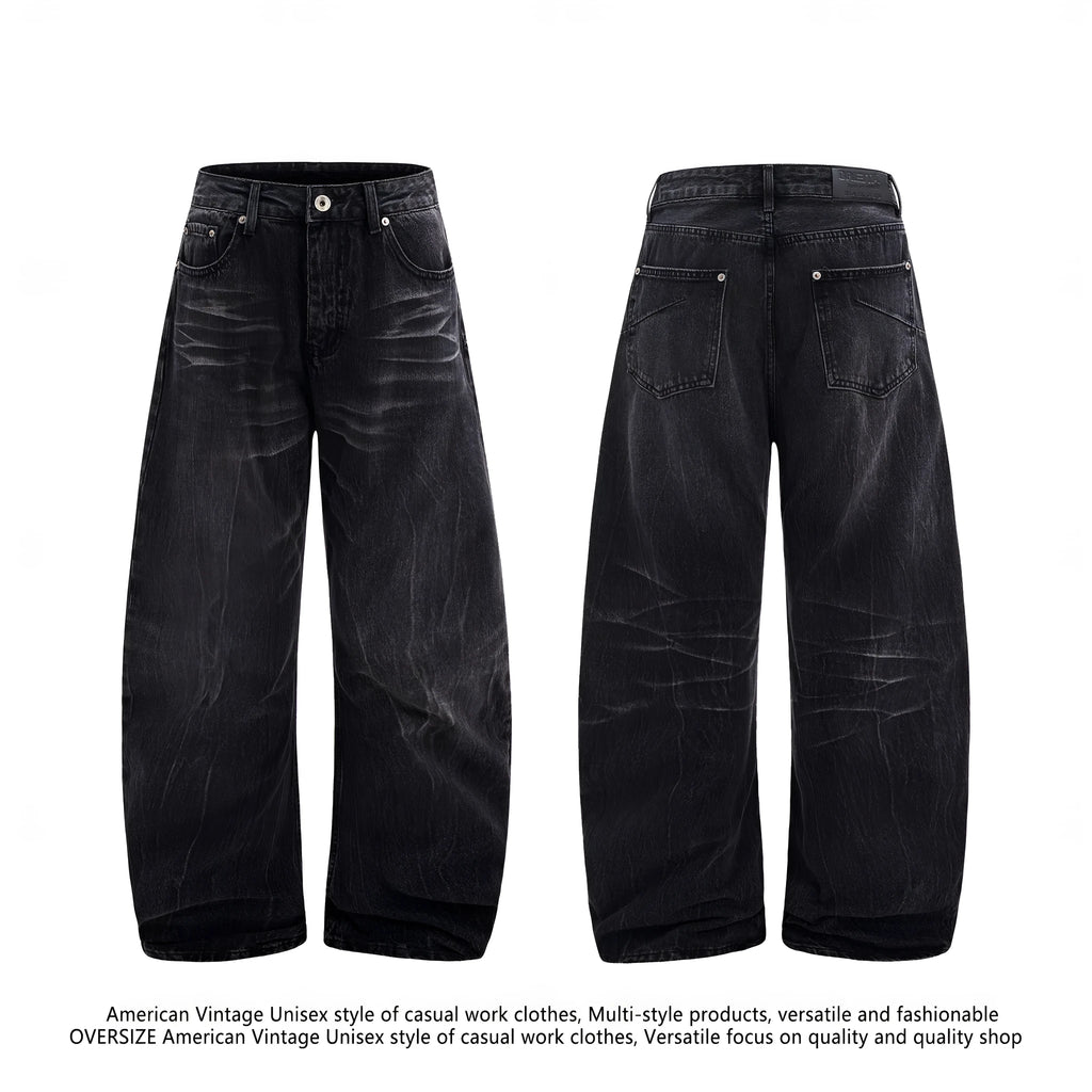 Black men's straight-leg jeans showing a cracked, washed denim finish on a plain background.