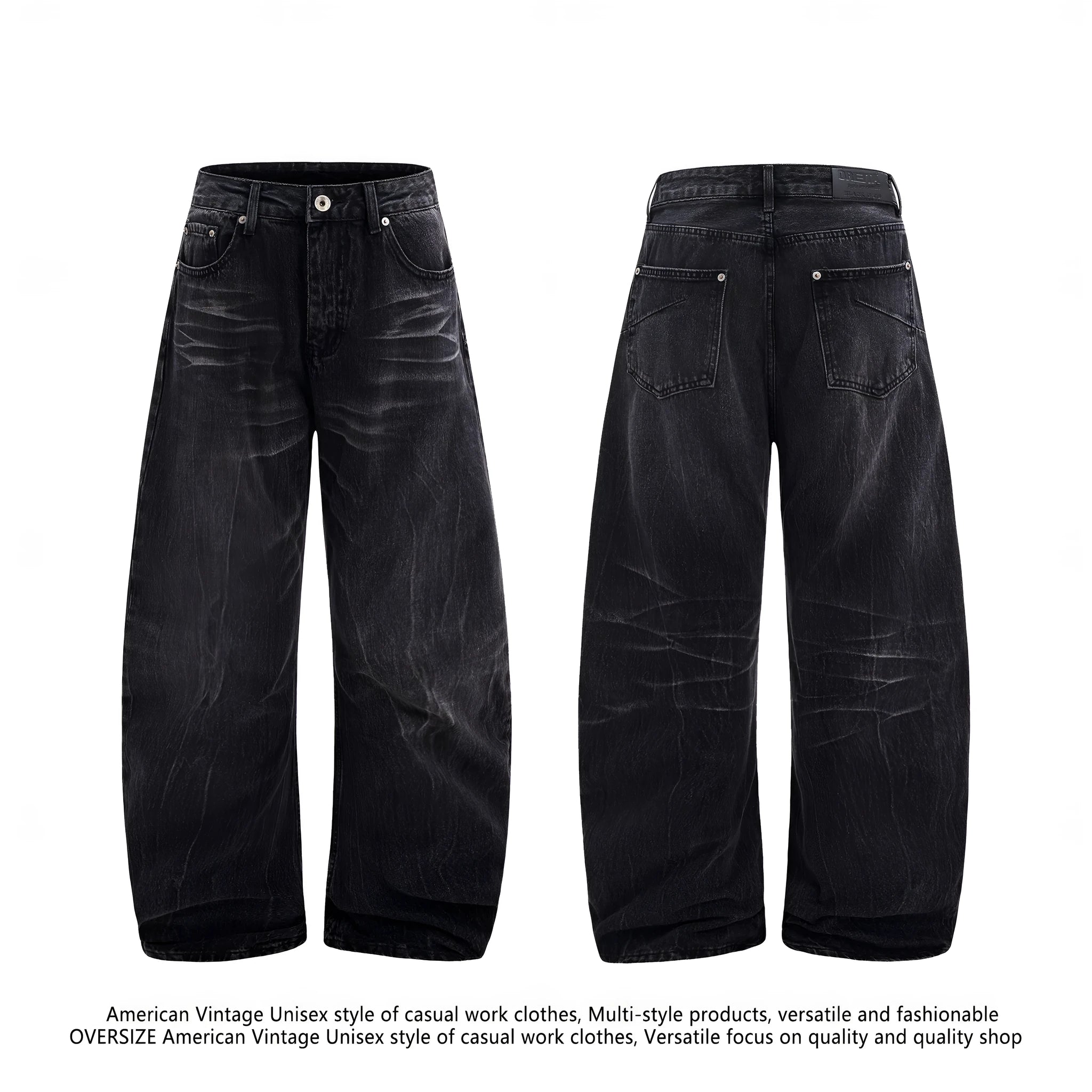 Black men's straight-leg jeans showing a cracked, washed denim finish on a plain background.