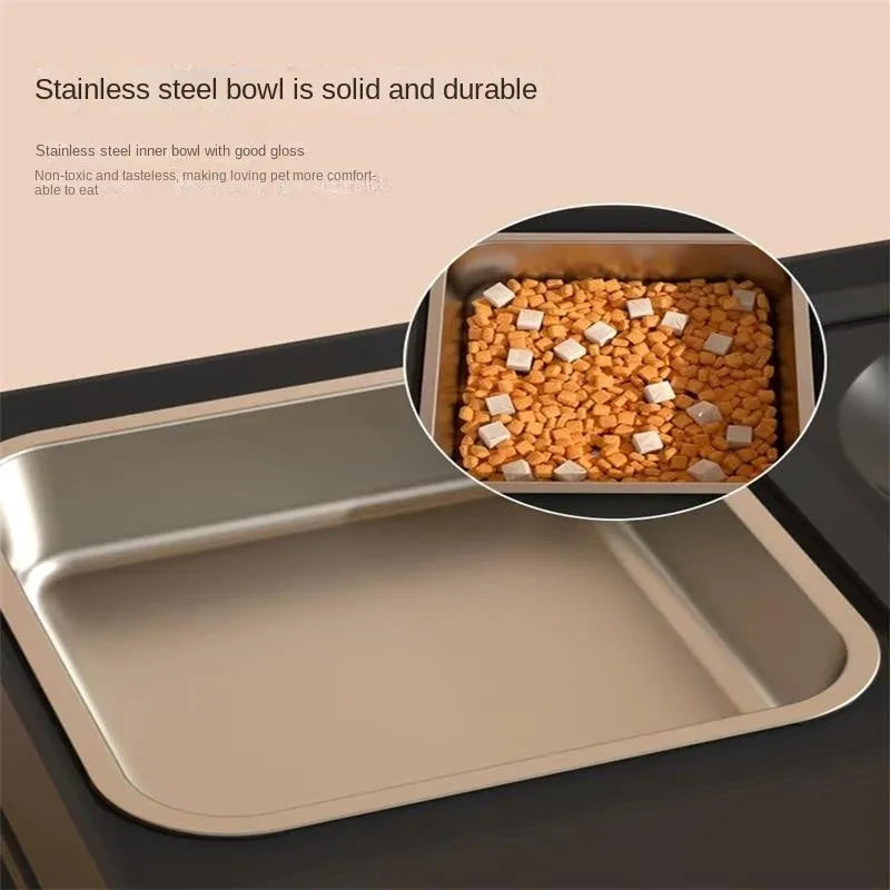 Adjustable height elevated dog feeding stand with stainless steel bowls in black