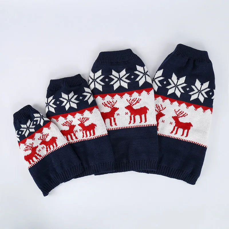 Navy blue knitted Christmas sweater for dogs on a pet mannequin showing front design
