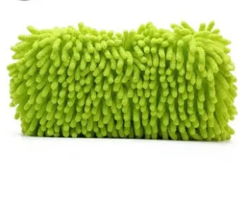 Silvery green chenille microfibre car wash sponge showing textured surface, with dimensions 14cm by 25cm.