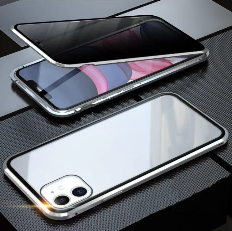 Black double-sided glass magneto clamshell case for iPhone, showing front and back tempered glass panels with magnetic closure.