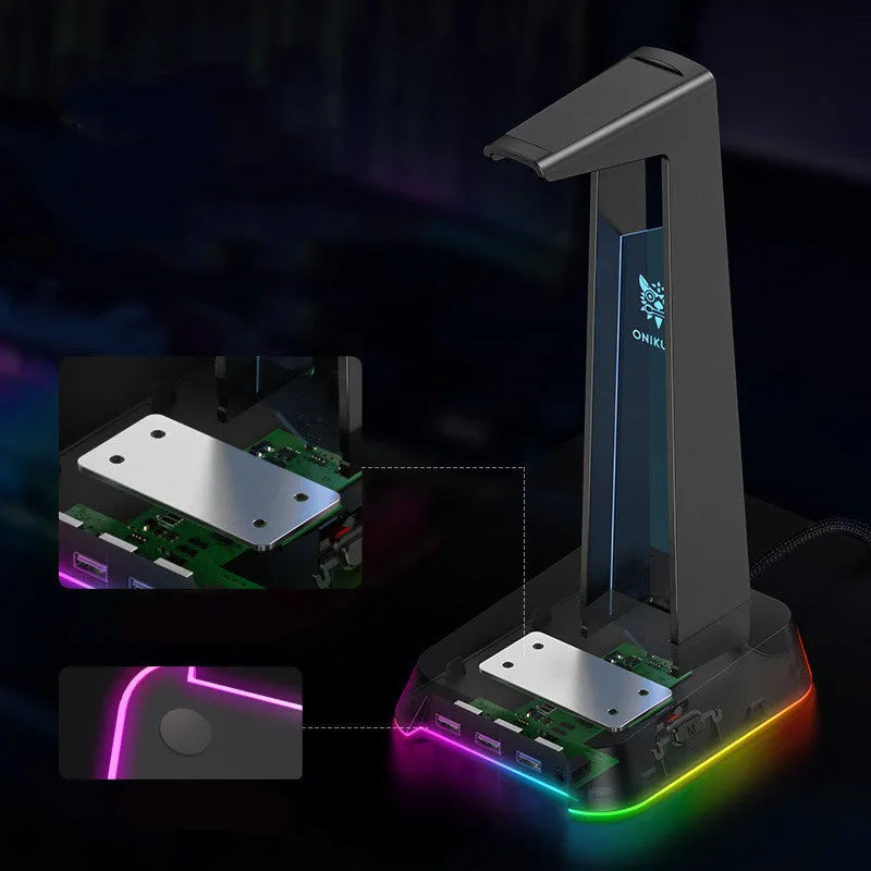 Illuminated headphone stand with Symphony RGB lighting and USB hub in black