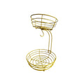Black and gold two-tier wrought iron fruit storage basket with open metal framework.