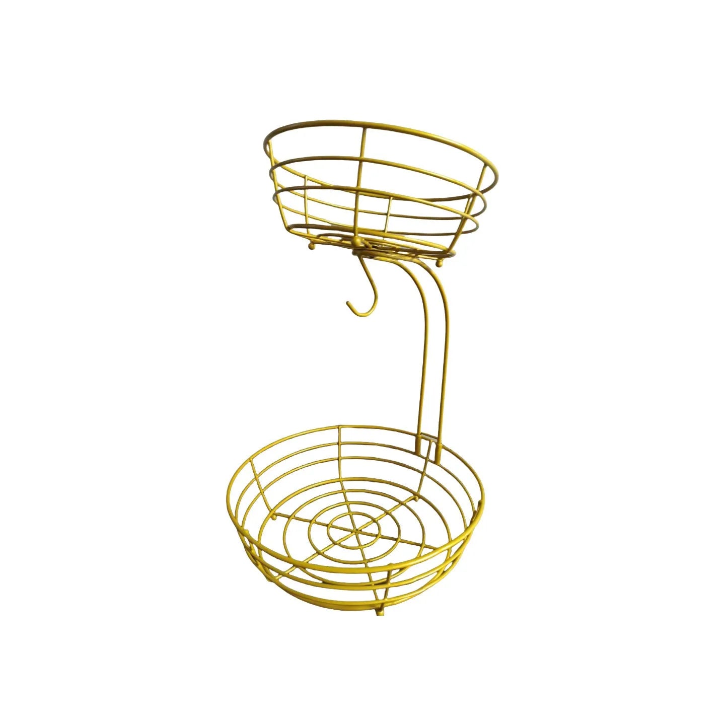 Black and gold two-tier wrought iron fruit storage basket with open metal framework.