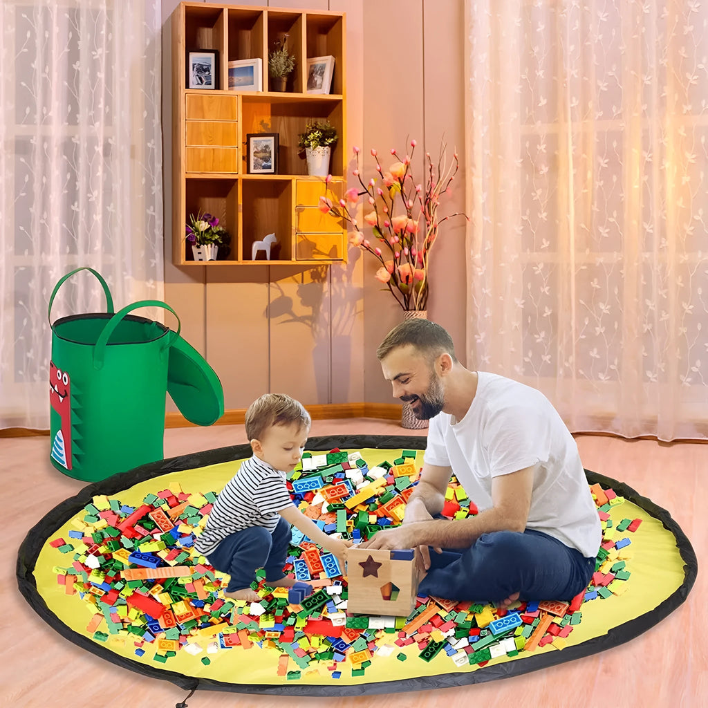 Green felt storage bag shown as both a flat play mat and gathered cube with pull rope closure