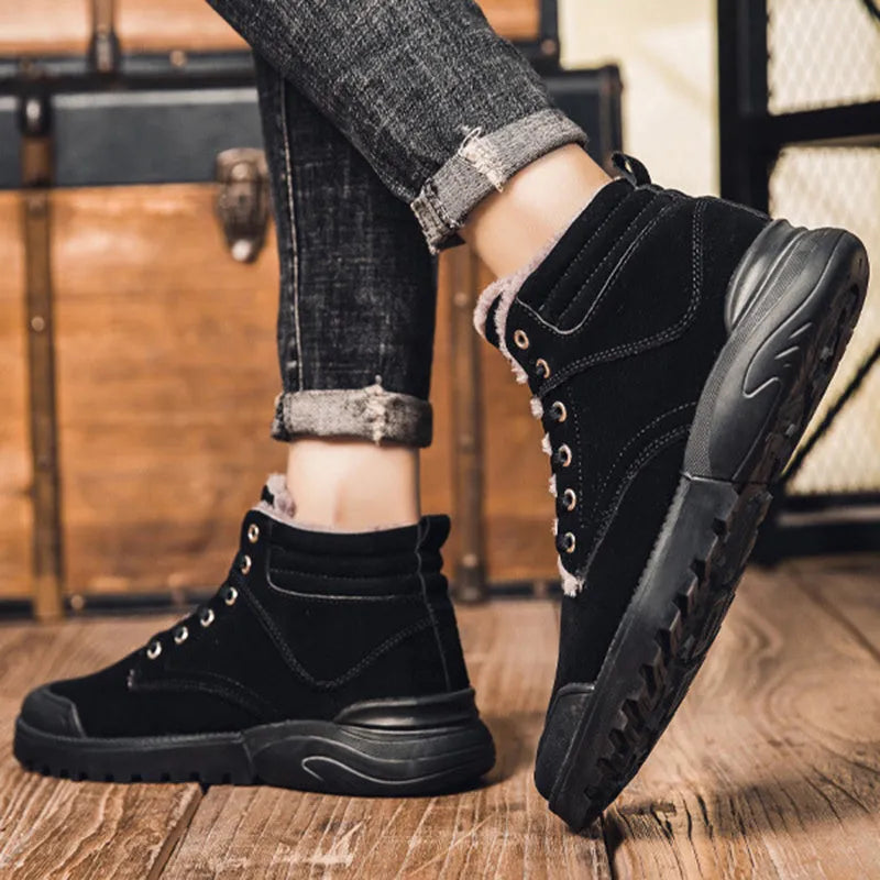 Men's winter ankle boots warm plush shoes suede upper rubber sole round toe flat heel high top front tie solid colour black grey yellow