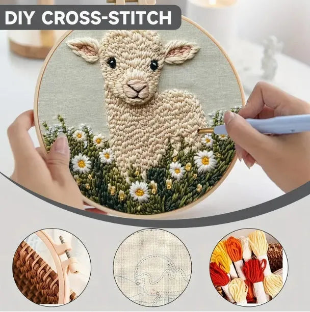 Sheep embroidery pin punch start-up process suit with cloth material and pastoral design