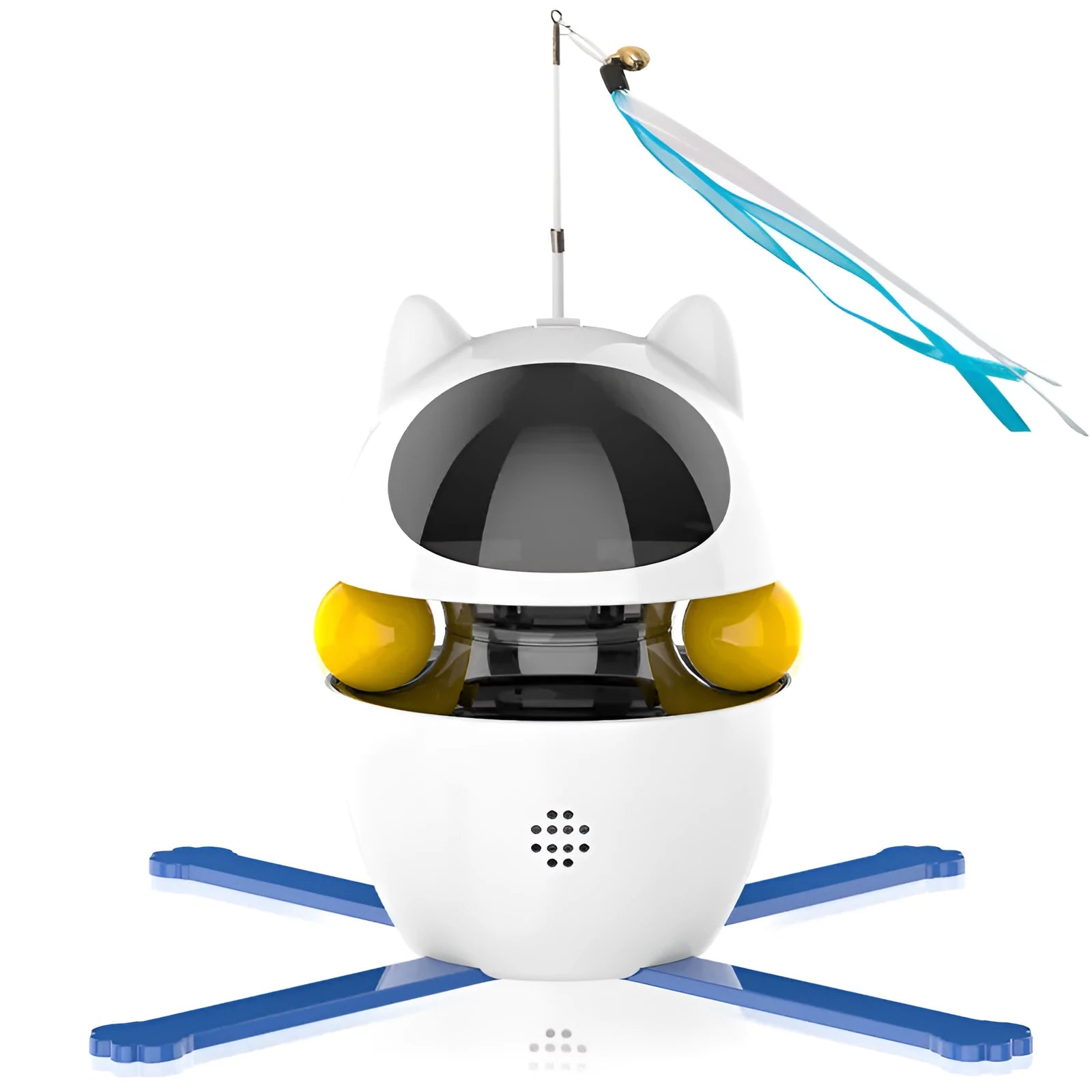 White automatic electronic cat toy with a moving wand, elastic rope, and dangling feathers on a floor.