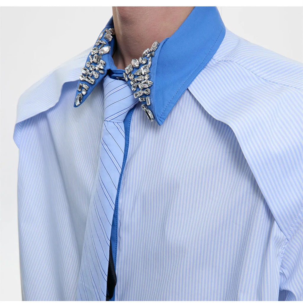 Men's blue and khaki diamond tie dual-colour patchwork striped loose fit shirt with flip collar