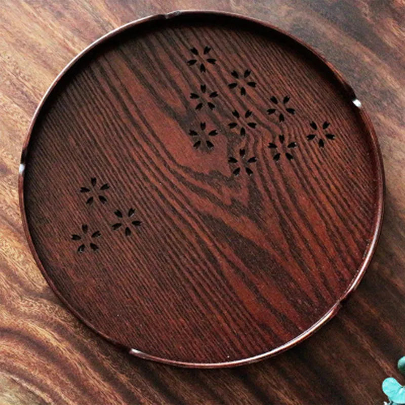 Japanese wooden dessert plate with sakura cherry blossom cutouts, 30cm diameter