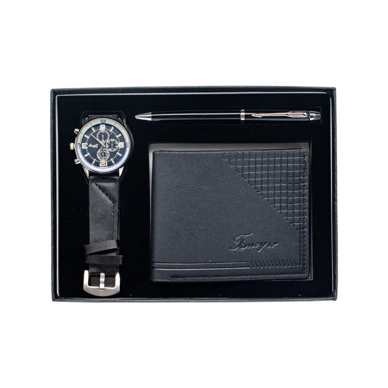 Business gift set with wallet, pen and watch in modern simplicity design presented in gift box