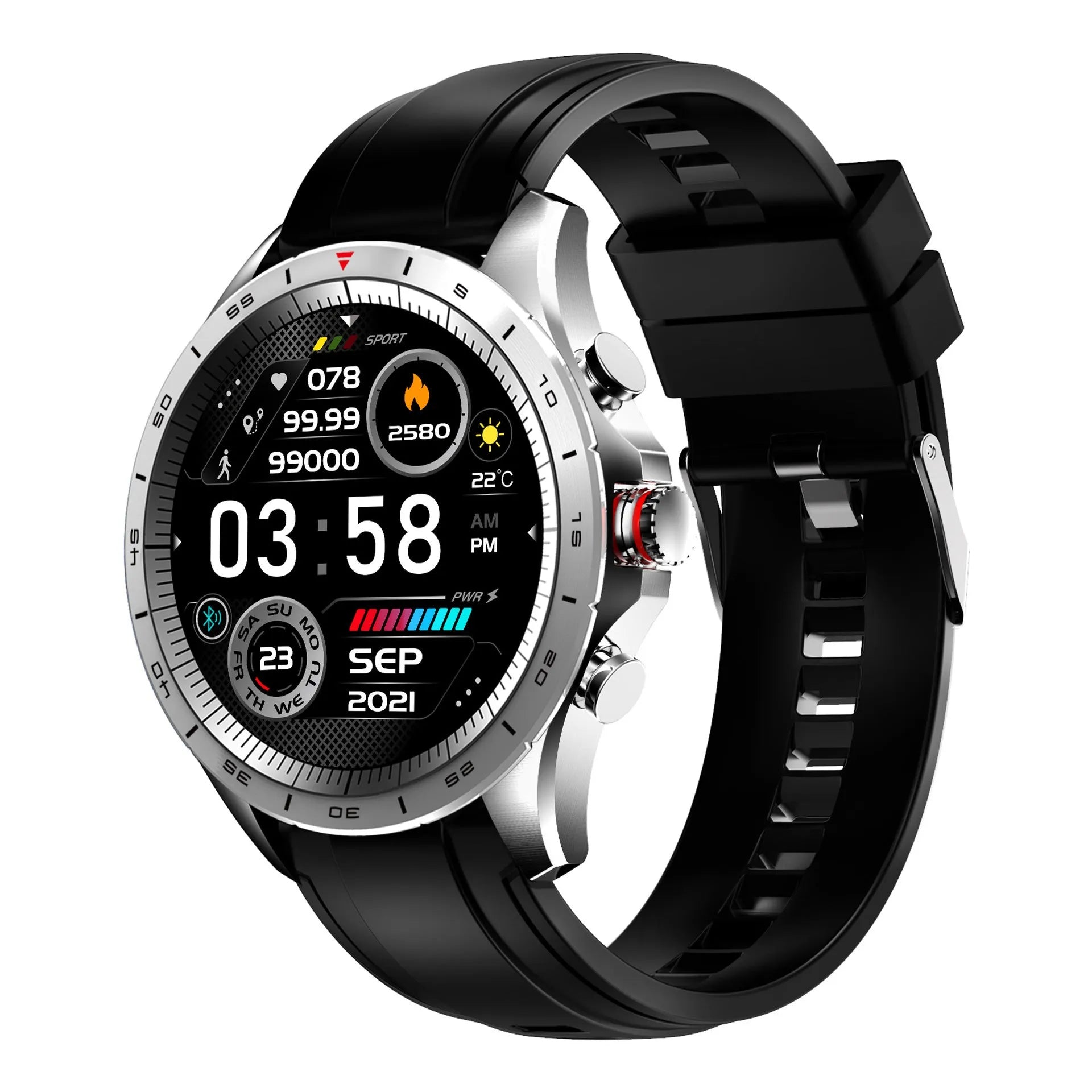 Men's black smart bracelet watch with zinc alloy screen and silicone wristband.