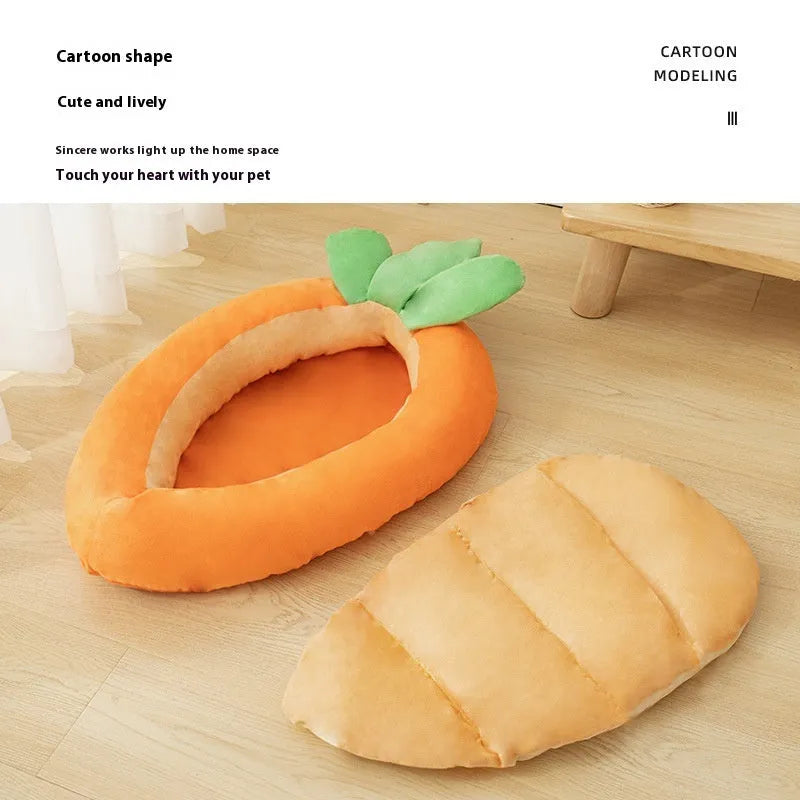 Carrot-themed double-sided washable cloth pet mattress for dogs, shown in medium and large sizes.