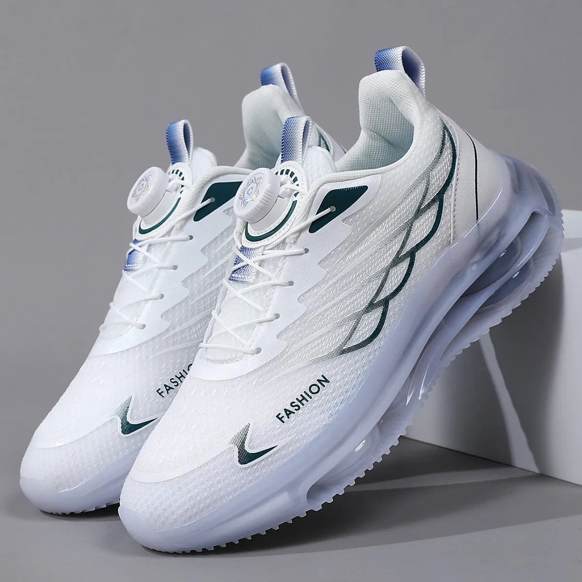 White Korean-style casual trainers with rotating button lace-up and mesh upper