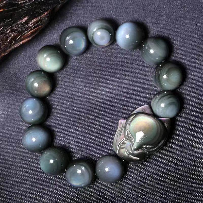 Obsidian fox carved couple bracelet showing animal detail and bead sizing options