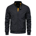 Men's thin solid colour casual jacket in polyester, shown in dark blue, black, and army green.