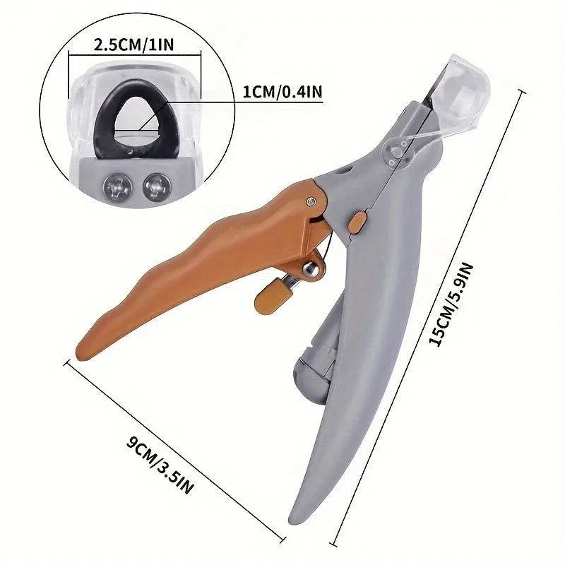 Yellow LED pet nail trimmer with magnifying glass, shown with four lights on and nail catcher.