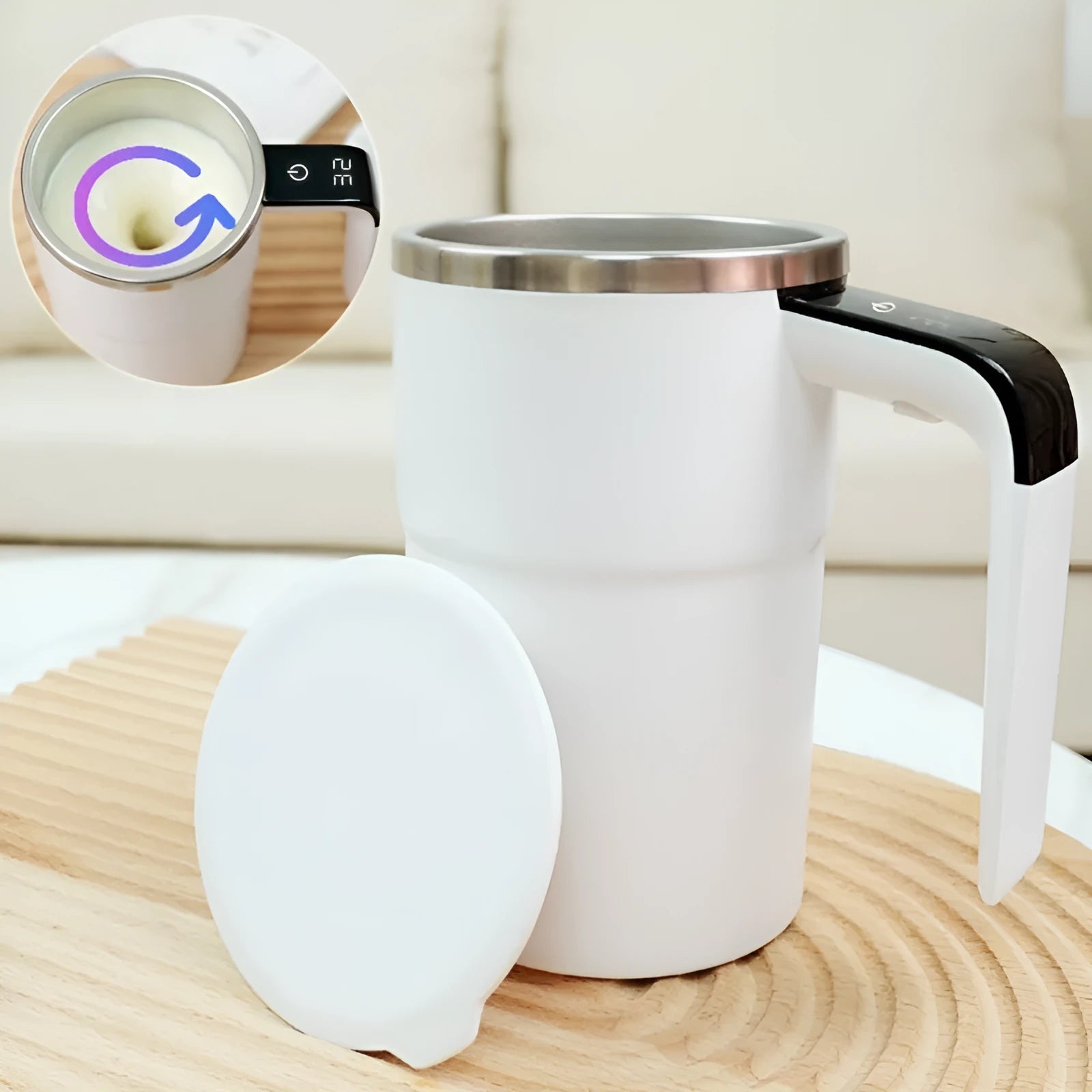 White electric automatic magnetic stirring mug with LCD temperature display on black base