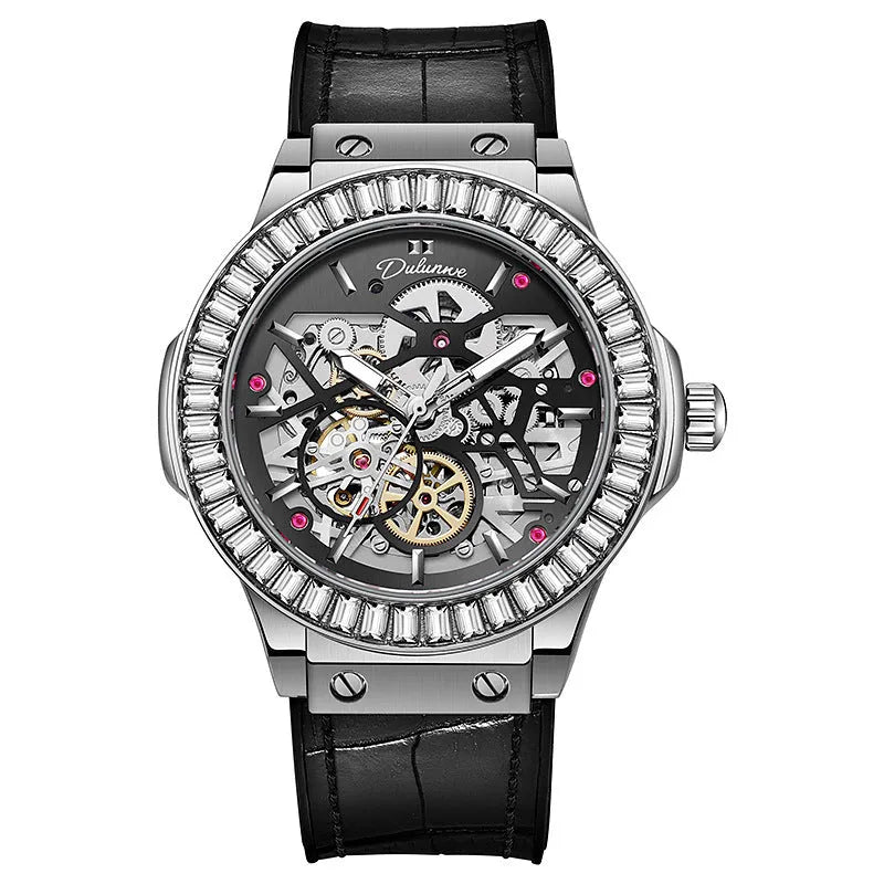 Automatic diamond studded skeleton men's watch with white shell case and blue dial on leather strap.
