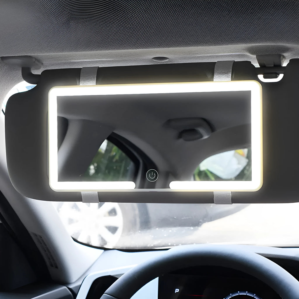 Automotive sun visor makeup mirror with LED light, dimensions 24cm by 11.5cm