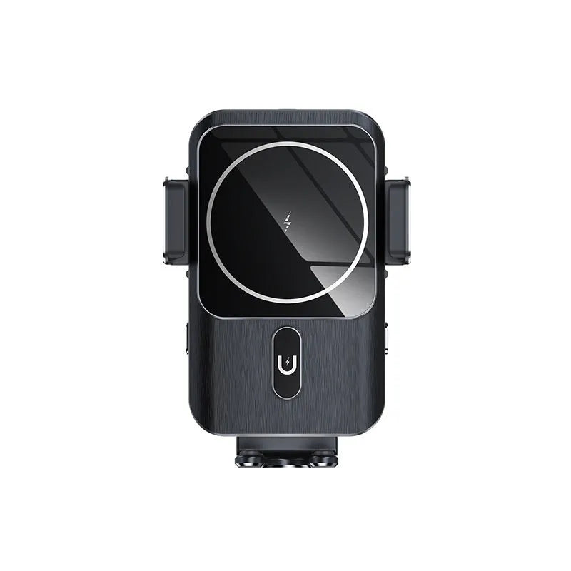 Black wireless charging car phone holder with 15W fast charging and clip or suction cup mount options.