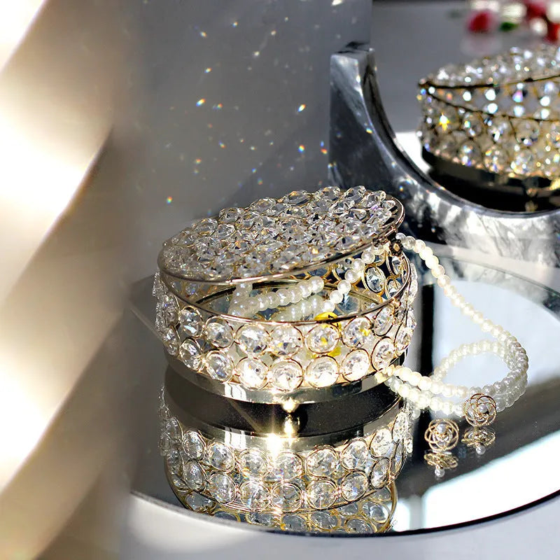 French gold metal jewellery box with crystal glass transparent lid, European style decorative design