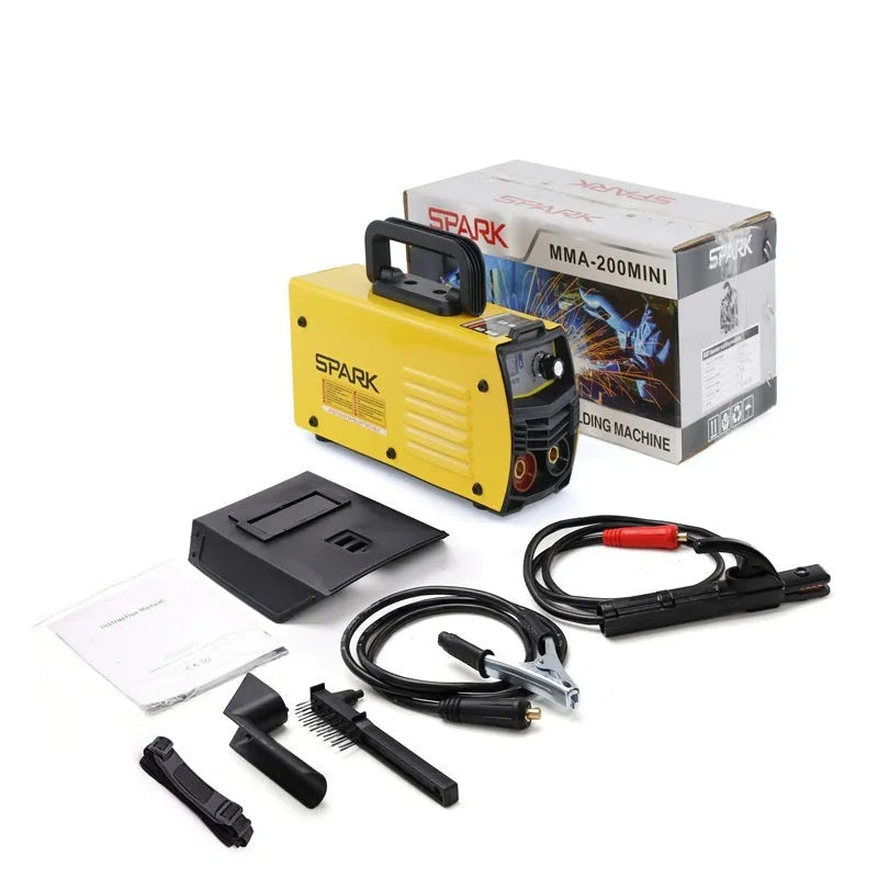 MMA-200MIN 220V DC inverter welding machine with welding tongs, grounding clamp, face shield and brush hanger accessories