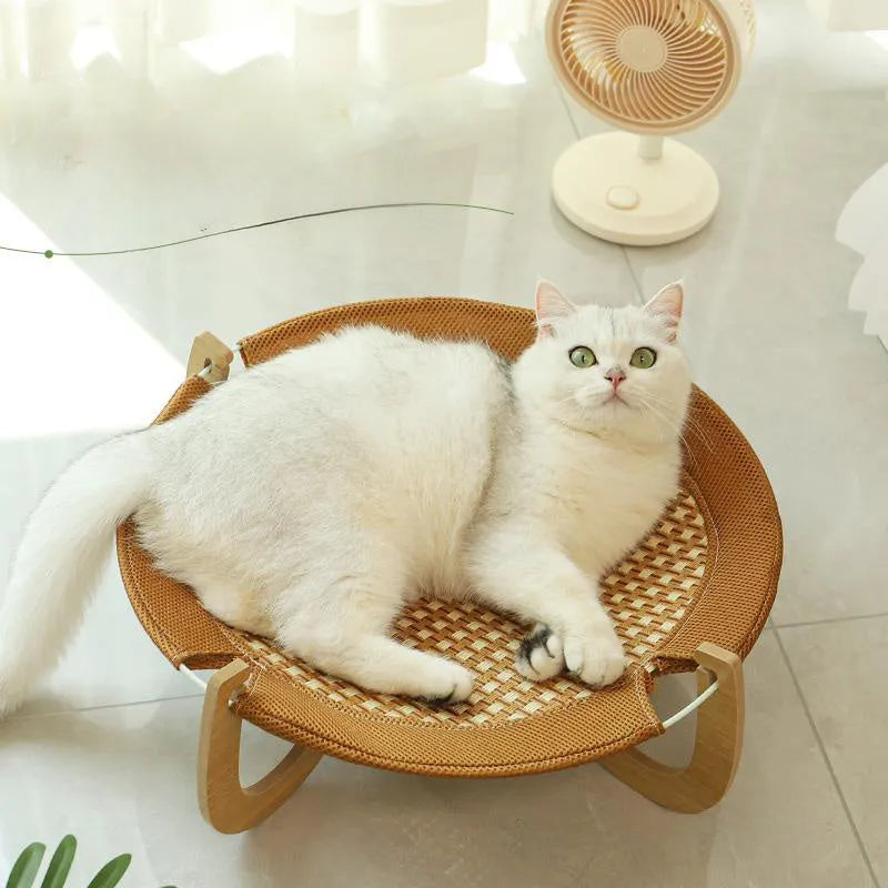 Brown woven rattan pet hammock bed measuring 46cm square with 17.5cm elevation