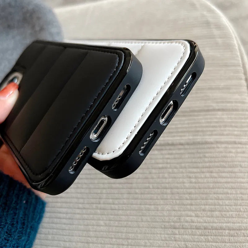 Candy Down Jacket Shape Phone Case for iPhone in black, white, rose red, or green showing puffer texture and dual-material build.