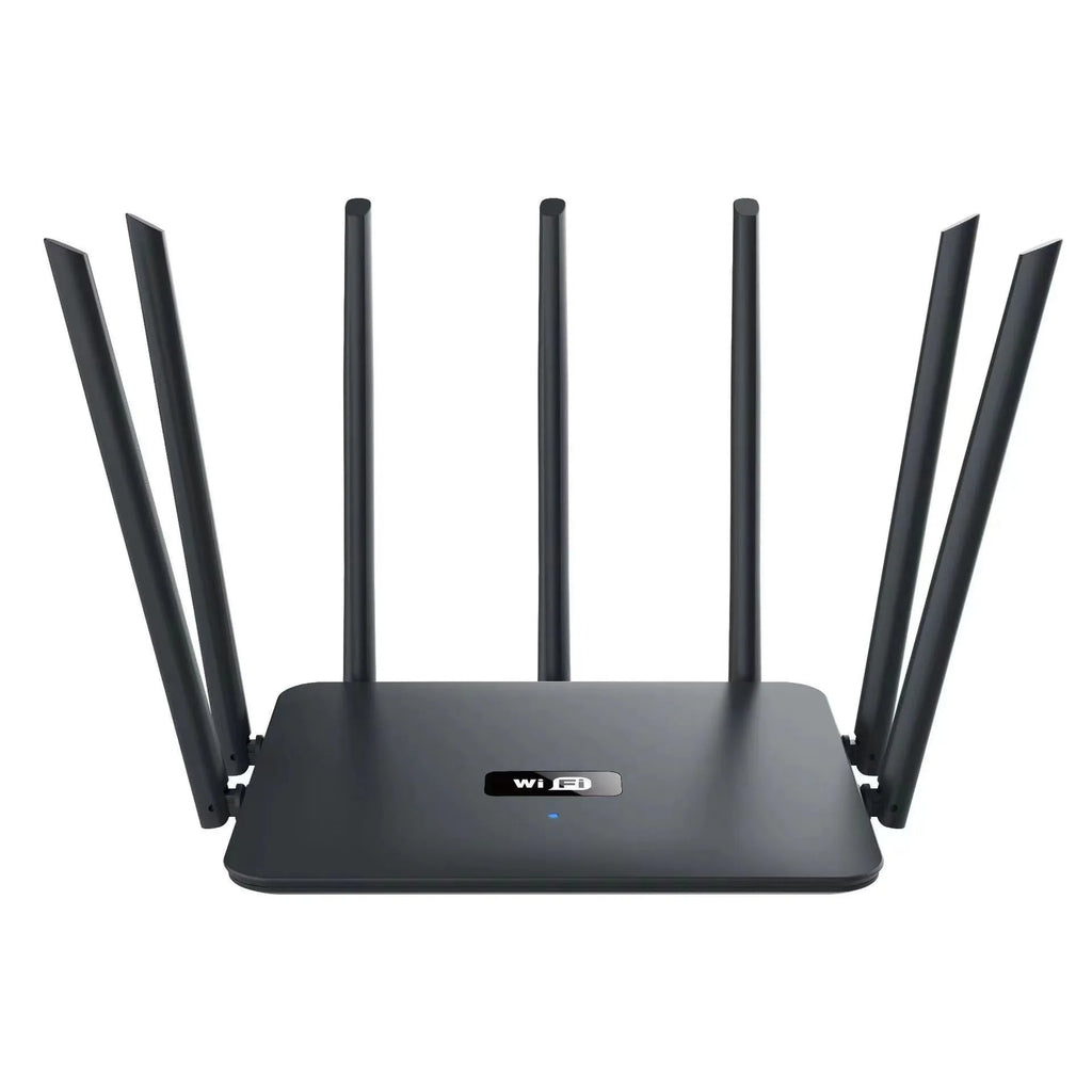 Black and white dual-band 5G gigabit Wi-Fi router with multiple antennas for home through-wall coverage.
