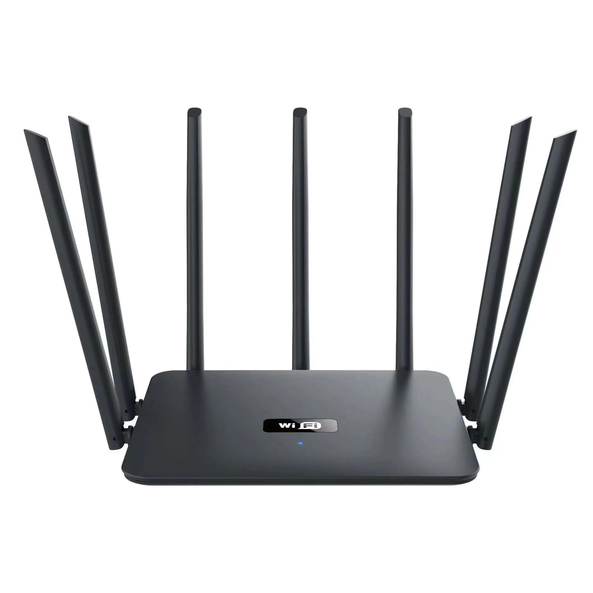 Black and white dual-band 5G gigabit Wi-Fi router with multiple antennas for home through-wall coverage.