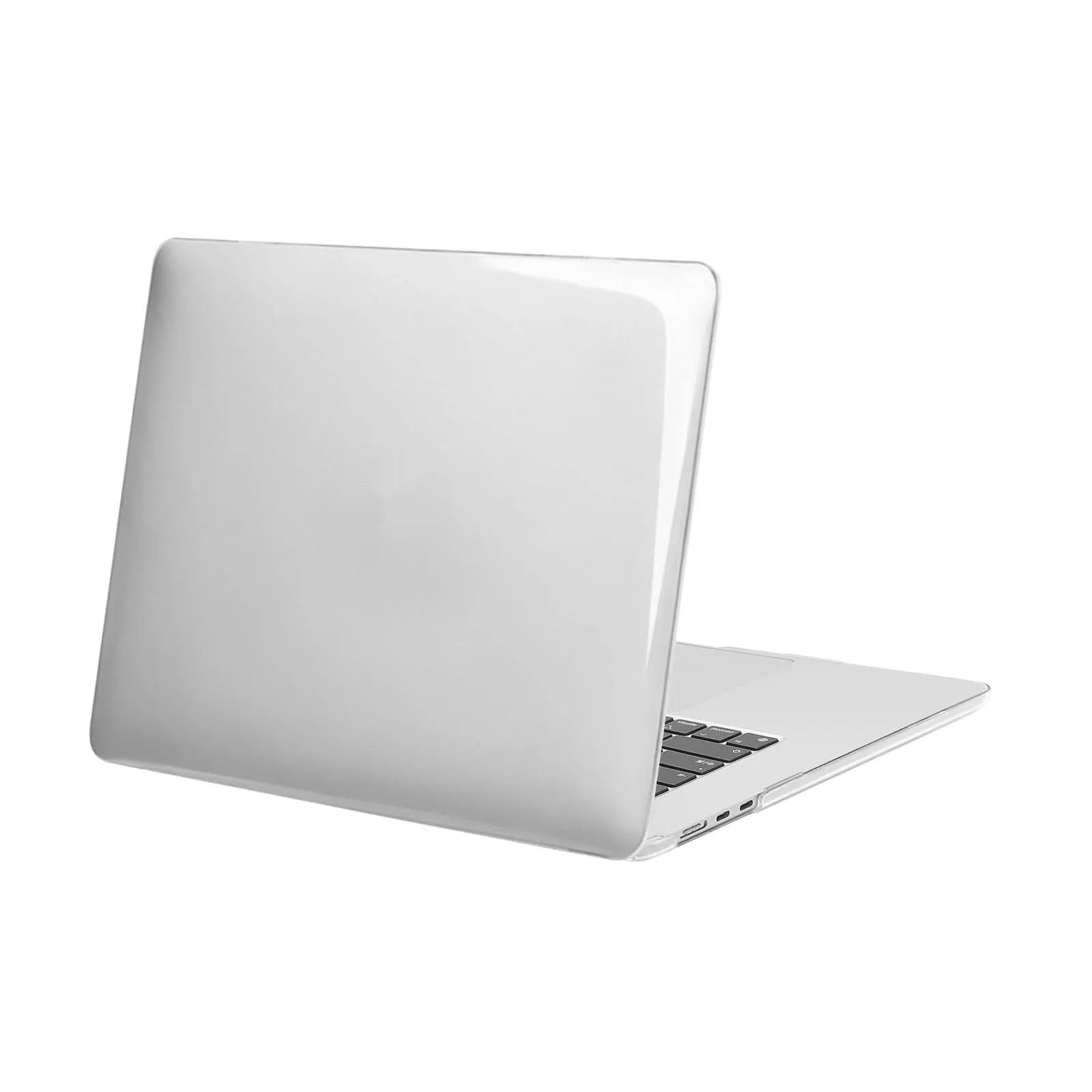 Transparent MacBook protective case shown on compatible laptop in ice crystal clear and black tinted options