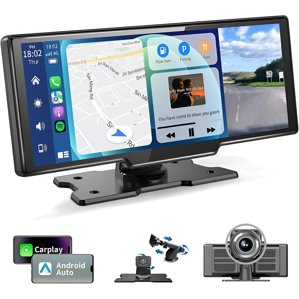 10.26-inch black car navigation device with touch screen showing split display of GPS map and dual camera feeds