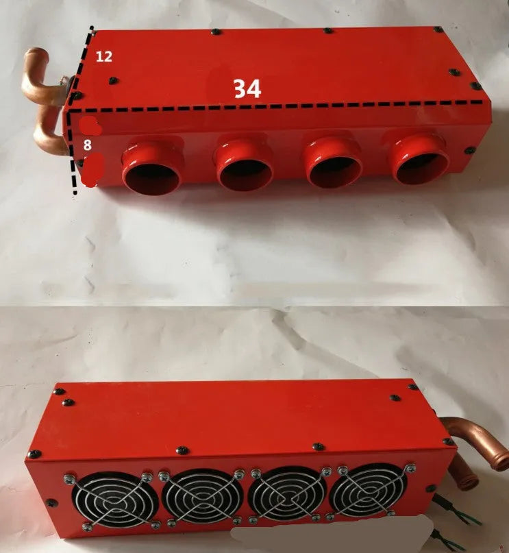 Metal car heater with four-hole copper pipe construction measuring 34cm long