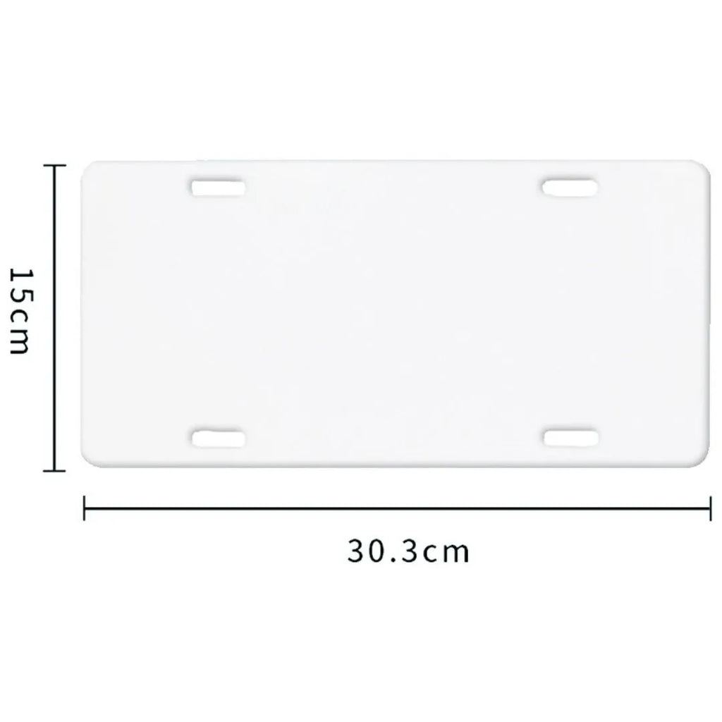 White rectangular aluminium licence plate blank with dimensions 30.3 by 15 centimetres.