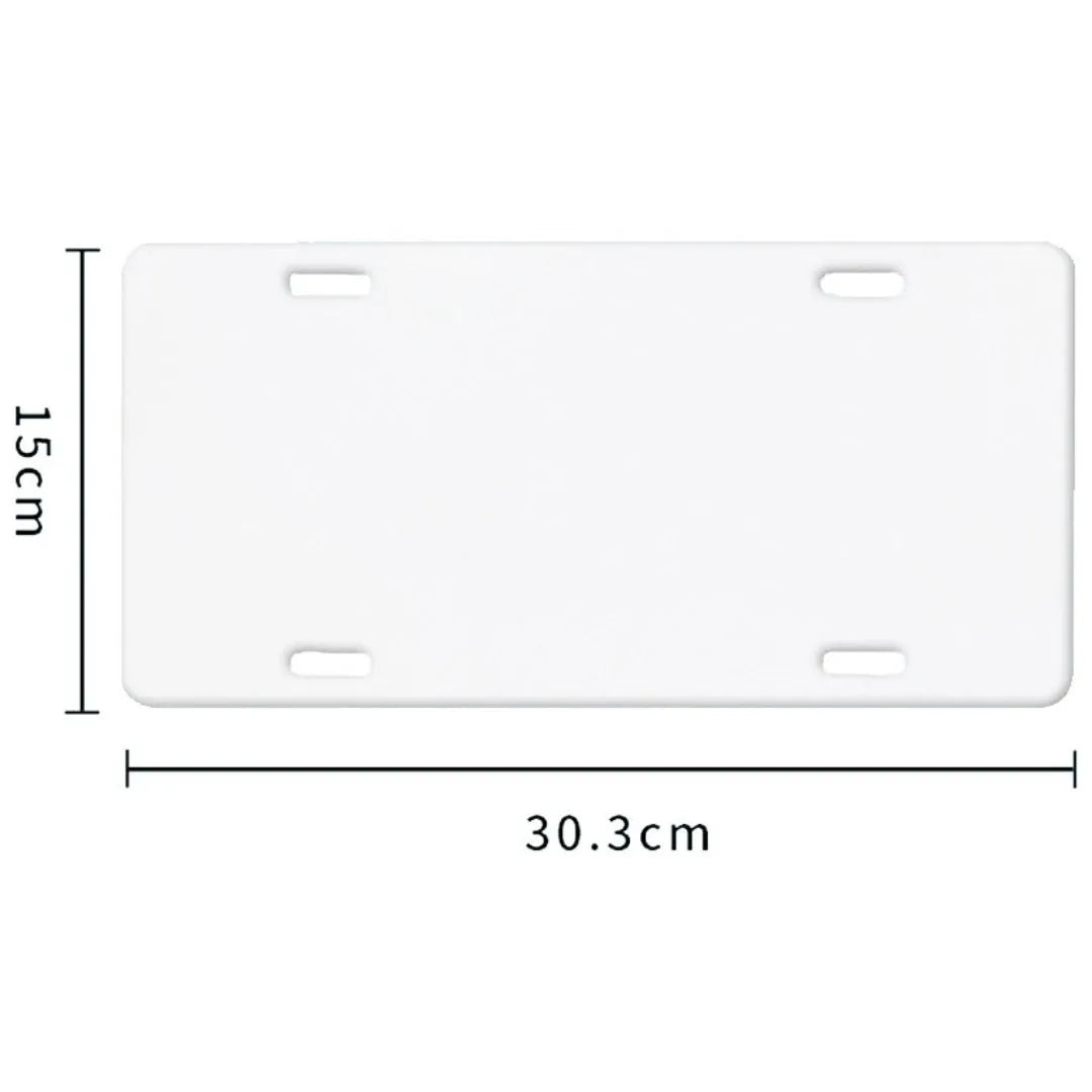 White rectangular aluminium licence plate blank with dimensions 30.3 by 15 centimetres.
