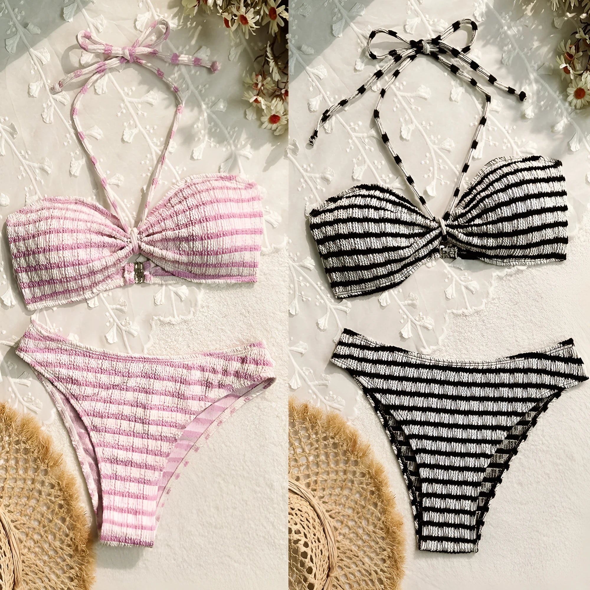 Women's pink and black striped bikini swimsuit with briefs style on a mannequin.