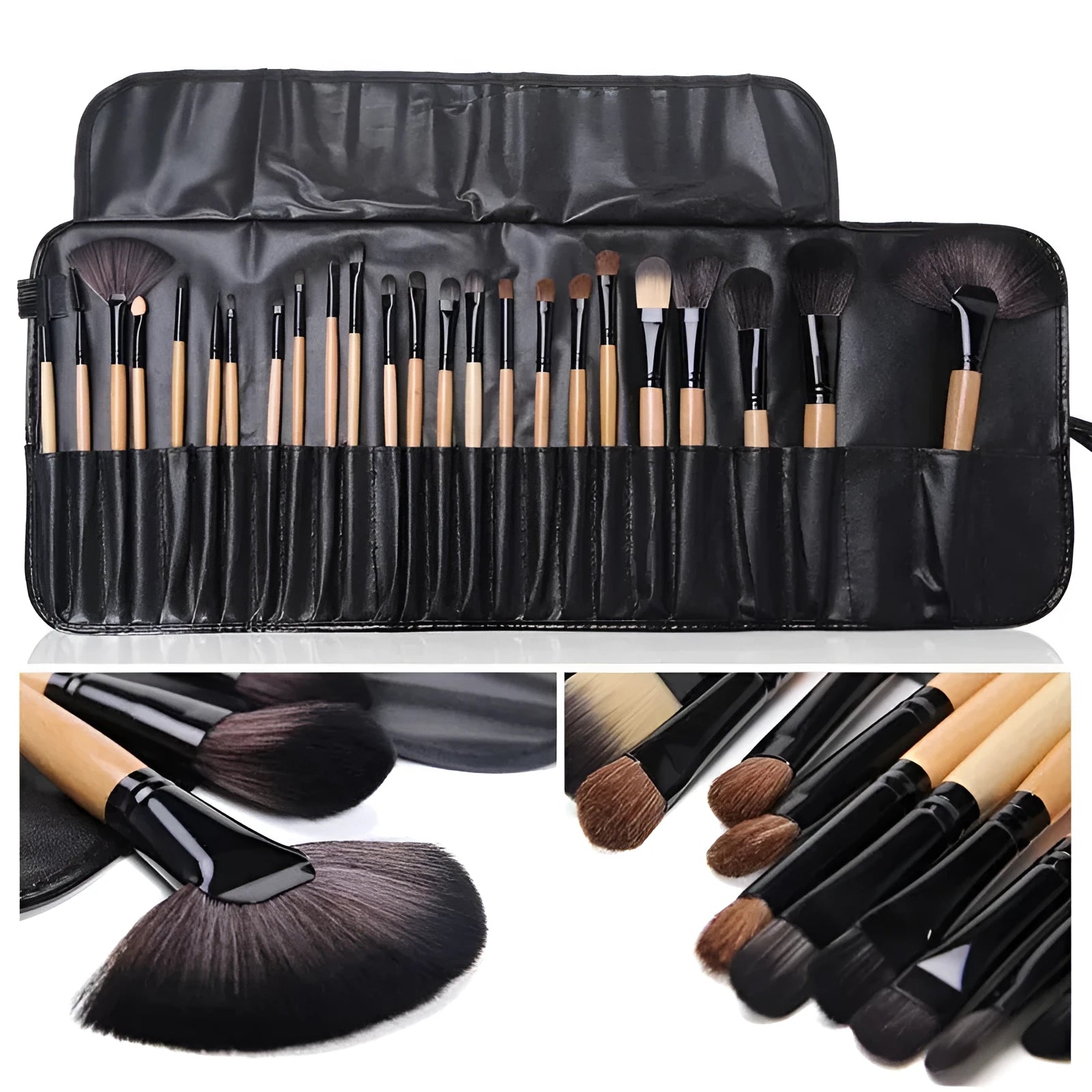 24 professional makeup brushes with wooden handles in a gift bag including eyebrow, foundation and powder brushes