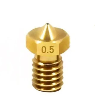 Brass 3D printer nozzle with M6 thread, shown with selection of outlet aperture sizes from 0.2mm to 1.0mm.