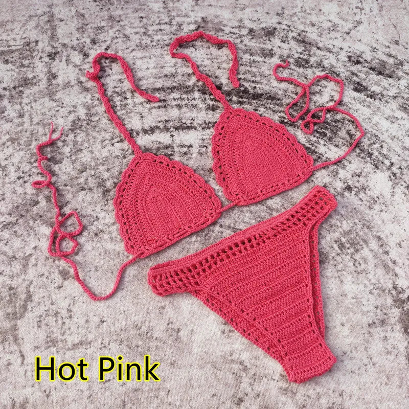 Women's three-piece crochet bikini swimsuit set with handmade beach skirt in acrylic fabric